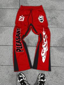 Manfinity EMRG 男士秋季休闲运动字母印花拼色抽绳腰阔腿运动裤 - 紅色 - 查看 3