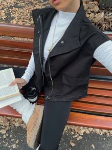 SHEIN EZwear 大码纯色口袋拉链休闲时尚短袖夹克 - 黑色 - 查看 7