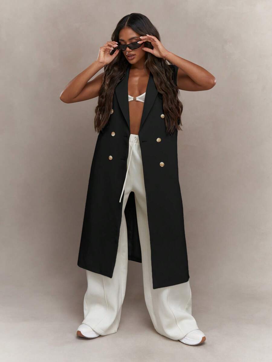 MISSGUIDED Double Breasted Sleeveless Long Trench Coat Pearl Button Outerwear Fall Winter Spring Classic Style Vest Blazer Elegant Professional Office - Black - View 1