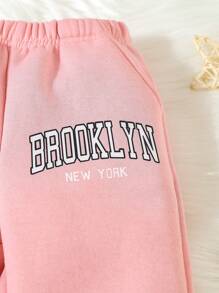 2pcs Baby Girls Athleisure Fleece Letter Print Sweatshirt & Pants Set, Autumn/Winter - Pink - View 5