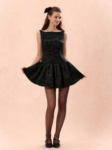 Enchnt Đầm mini thanh lịch không tay họa tiết hoa jacquard cỡ lớn cho nữ - màu đen - Xem 3