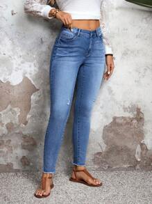SHEIN LUNE Jeans de mezclilla simples con bolsillo delantero y botones para mujer, uso casual diario - Azul - Ver 4