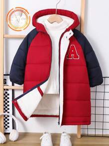 SHEIN 1pc Young Boys Casual Comfortable Warm Classic Blue & Red Pieced Hooded Long Padded Coat, Suitable For Outings, School, Daily Gatherings, Autumn & Winter Seasons