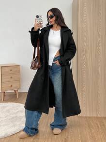 SHEIN EZwear Áo khoác dài tay đơn giản ấm áp giản dị cài nút màu trơn phía trước, mùa thu đông - màu đen - Xem 5