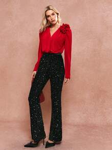 Poéselle Body floreale rosso, body casual da donna con decorazione floreale 3D a maniche lunghe, look donna autunnali, abiti da ballo, abiti da festa, abiti da donna per club, adatti per uso quotidiano, strada, ricevimenti, feste, abito di Natale, abito per compleanni