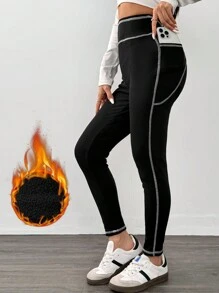 SHEIN EZwear Drawstring Stitching Outside Solid Wide Waistband Phone Pocket Side Leggings - Black - View 2