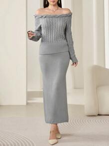 Modelyn Women's Off Shoulder Long Sleeve Solid Knit Sweater & Long Hem Knit Skirt 2 Pieces Set, Elegant And Slim-Fit, Fall 2 Pieces Set