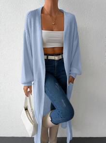 Women's Loose Drop Shoulder Solid Color Knitted Cardigan With Large Pockets - Baby Blue - View 3