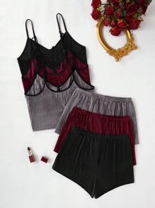 6pcs Solid Color Velvet Cami Top & Shorts Set Cozy Outfit, Fall Winter Clothes, Fluffy Pajama