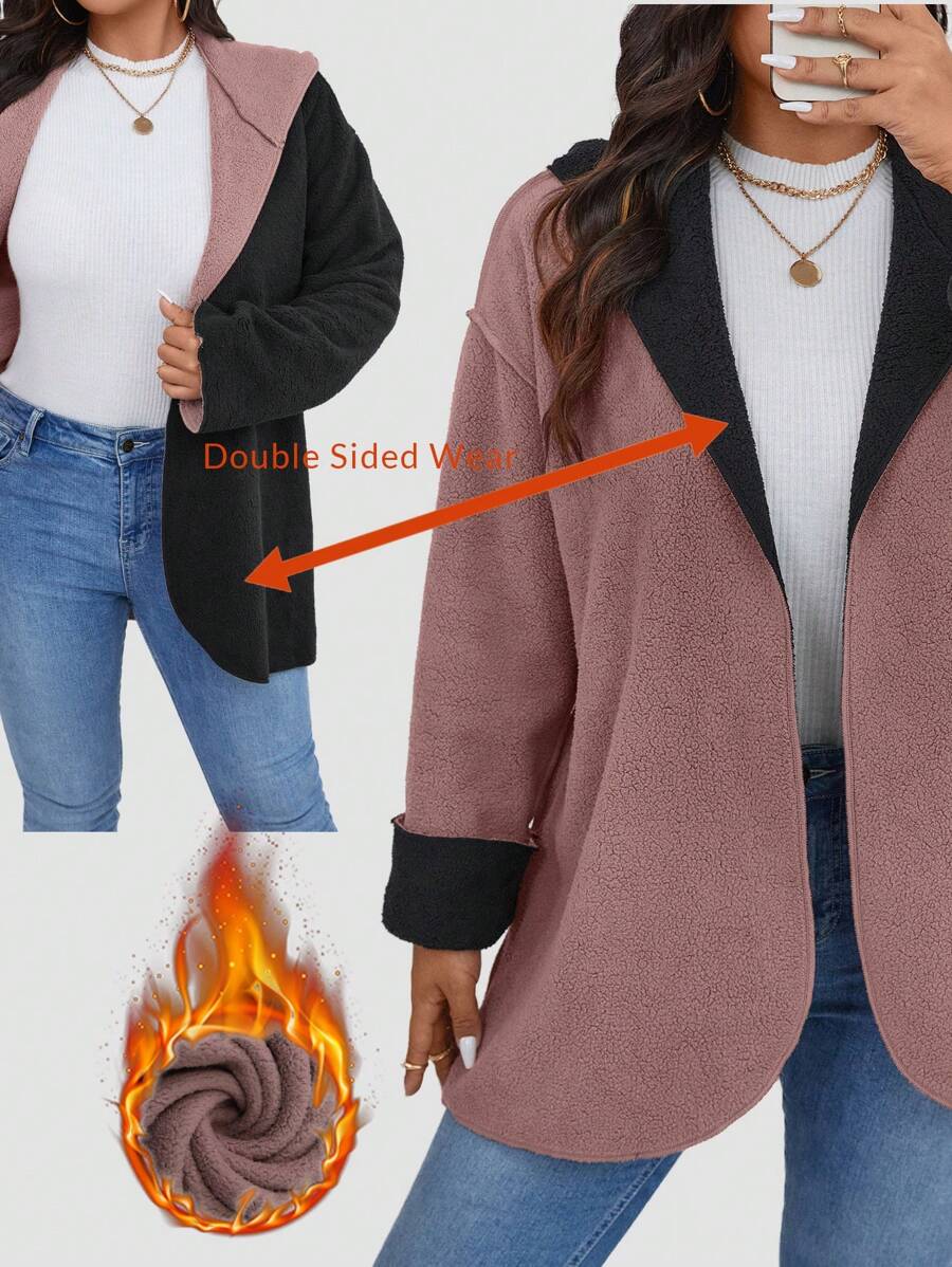 SHEIN LUNE Plus Size Solid Color Patchwork Long Sleeve Simple Jacket, Casual Everyday Wear - Multicolor - View 1