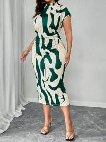 Elenzga 大码夏季休闲撞色印花蝙蝠袖褶皱腰身连衣裙，女士度假休闲装扮。 - 彩色 - 查看 3