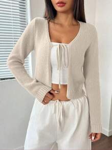 SHEIN Unity Áo len cardigan dài tay buộc nơ phía trước màu trơn cho nữ - Màu be - Xem 3