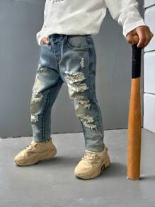 SHEIN Explorewe Young Boy Handsome Acid Wash Minimalist Style Distressed Fashion Stretch Denim Jeans - Medium Wash - View 2