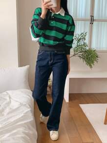 DAZY Women's Loose Short Striped Patchwork Contrast Color Polo Collar Sweatshirt