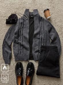 Manfinity Hypemode Men's Casual Solid Color Front Zip Cardigan, Autumn & Winter - Dark Grey - View 2