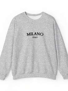 SHEIN EZwear Casual Minimalist MILANO Print Round Neck Loose Women Pullover Sweatshirt Back To School Fall And Winter Clothing Autumn And Winter - Light Grey - View 4