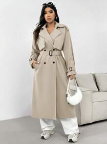 CovetEZ Große Größen einfache Unifarben Lässig Doppelreiher Trenchcoat für Herbst - Aprikosenfarben - Übersicht 6