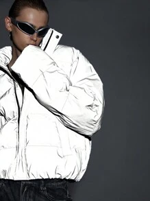 NEON BLANC Men's Reflective Stand Collar Padded Padded Coat For Winter - Grey - View 1