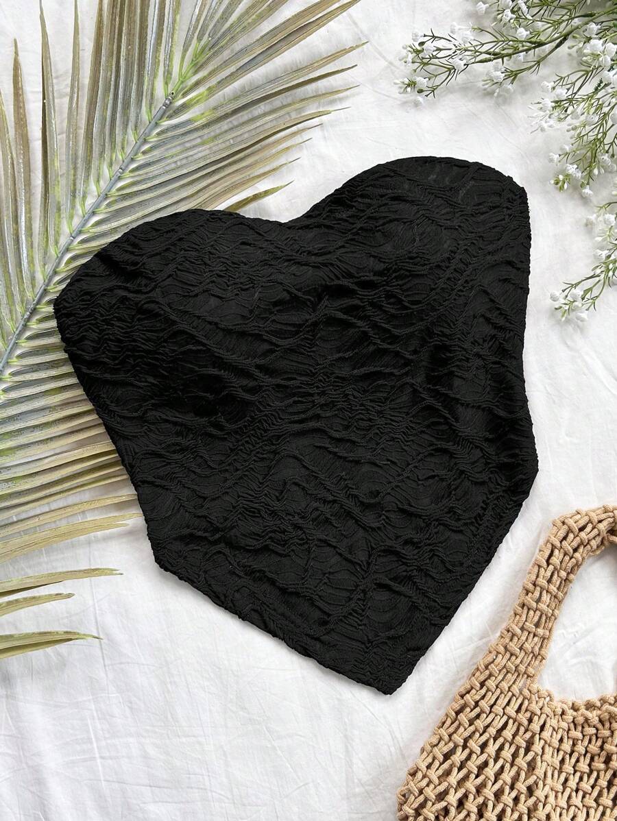 Soleia Top corto minimalista de unicolor con escote de bandeau para mujer - Negro - Ver 1