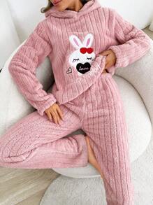 RueChic 2pcs Fuzzy Rabbit Embroidery With Hoodie Detail Homewear PJ Set - Baby Pink - View 1