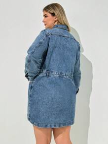 EURMUSE LONG SLEEVE MINI DENIM DRESS PLUS SIZE - Medium Wash - View 2