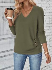 SHEIN LUNE Solid V-Neck Button Casual Versatile Long Sleeve T-Shirt - Olive Green - View 3