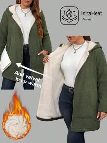 SHEIN LUNE Áo khoác trùm đầu tay dài màu trơn tối giản giản dị cỡ lớn dành cho nữ - xanh quân đội - Xem 1