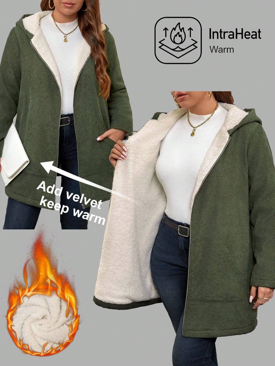 SHEIN LUNE Áo khoác trùm đầu tay dài màu trơn tối giản giản dị cỡ lớn dành cho nữ - xanh quân đội - Xem 1