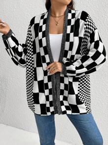 Elenzga Plus Size Women's Checkerboard Pattern Loose Cardigan, For Winter - Black - View 5