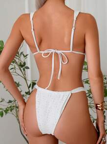 SHEIN Swim Conjunto de bikini de camiseta y tanga de unicolor sexy con textura hueca para el verano - Blanco - Ver 3
