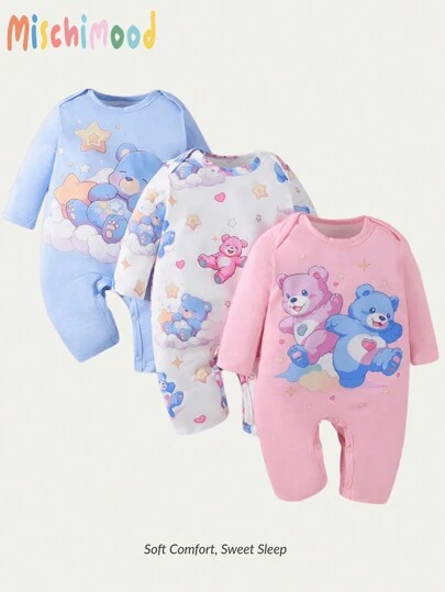 寶寶女孩可愛熊印花長袖連身衣,3種顏色,3入組家居服