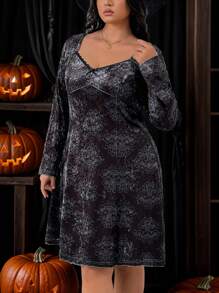 SHEIN Privé Plus Size Women Halloween Pattern Print Bodycon Dress, New - Black - View 4