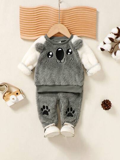 SHEIN Playful Pals 2 件装男婴冬季针织双面法兰绒熊刺绣保暖舒适上衣+裤子套装，百搭款式，可爱动物图案，适合外出、居家和聚会