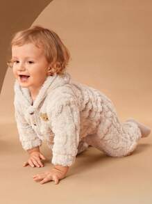 SHEIN Baby Boy Fleece Hooded Sweatshirt Jacket And Solid Color Fleece Pants Set, A Warm And Comfortable Outfit Suitable For Wear In Autumn, Spring And Winter. Keeping Them Fashionable And Comfortable In Autumn, Spring And Winter. - Apricot - View 5