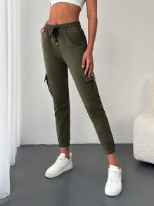 EURMUSE Flap Pocket Side Drawstring Waist Cargo Sweatpants - Khaki - View 6