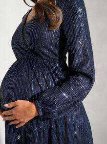 MaterniChic Maternity V-Neck Long Sleeve Tie Sequin Party Dress For Pregnant Women, Suitable For Party & Baby Shower, Autumn - Navy Blue - View 4