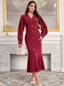 Modelyn Váy dài họa tiết tổ ong thắt eo viền đuôi cá cho nữ, Đầm dạ hội dài phong cách thanh lịch - Màu đỏ tím - Xem 3