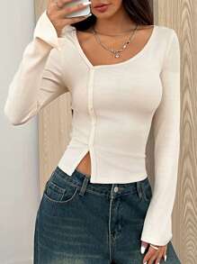 SHEIN EZwear Camiseta casual de manga larga con botones, cuello asimétrico y unicolor para mujer, primavera y otoño