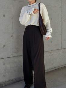 FRIFUL Damen Flauschiges Rüschen-Saum Farbblock T-Shirt mit thermisch gefüttertem Langarm Damen Oberteil, Herbst Damenmode