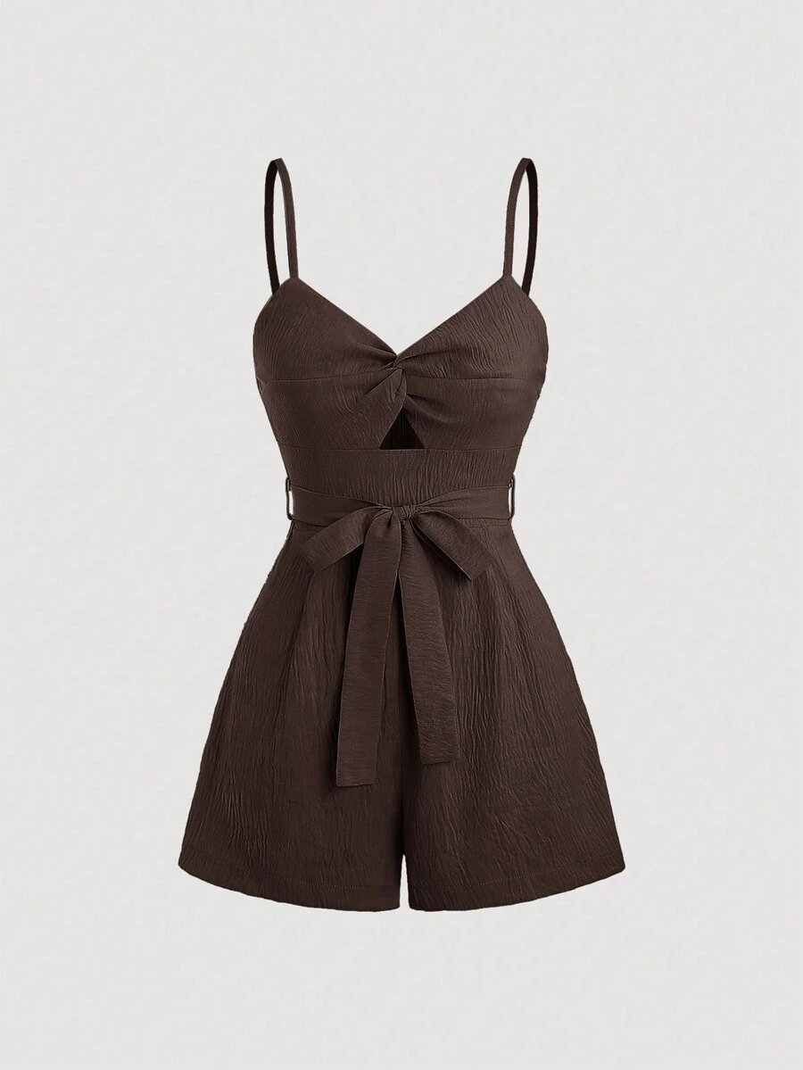 SHEIN Unity 1 bộ đồ liền thân không tay có chi tiết xoắn phía trước, thiết kế thắt lưng rỗng ở eo, màu trơn - màu nâu - Xem 1