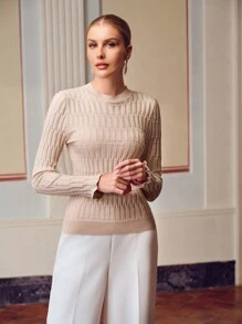Women's Solid Color Crew Neck Long Sleeve Casual Sweater - Beige - View 6