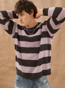 Men Striped Crewneck Knit Sweater Top - Purple - View 1