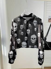 Comfortcana Skeleton Print Chiffon Cropped Long Sleeve Blouse For Halloween