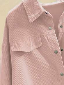 女士休闲简约纽扣宽松落肩衬衫，适合秋季，长袖上衣 - 淺粉色 - 查看 4