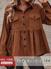 SHEIN CURVE+ Plus Size Stand Collar Color Block Button Dual Pockets Corduroy Ruffle Hem Dolly Casual Holiday Long Sleeve Blouse, Fall Top Clothes