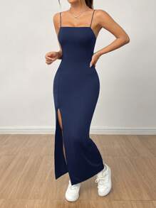 SHEIN PETITE Vestido de falda larga con abertura alta de unicolor con tirantes para mujer - Azul Marino - Ver 4