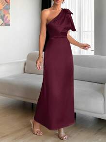 EURMUSE Chimpagne Color Tie Detail Satin Dress - Burgundy - View 4