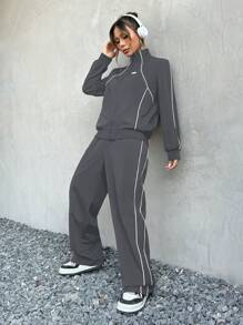 Muchica Casual Sporty Contrast Color Jacket & Pants Set