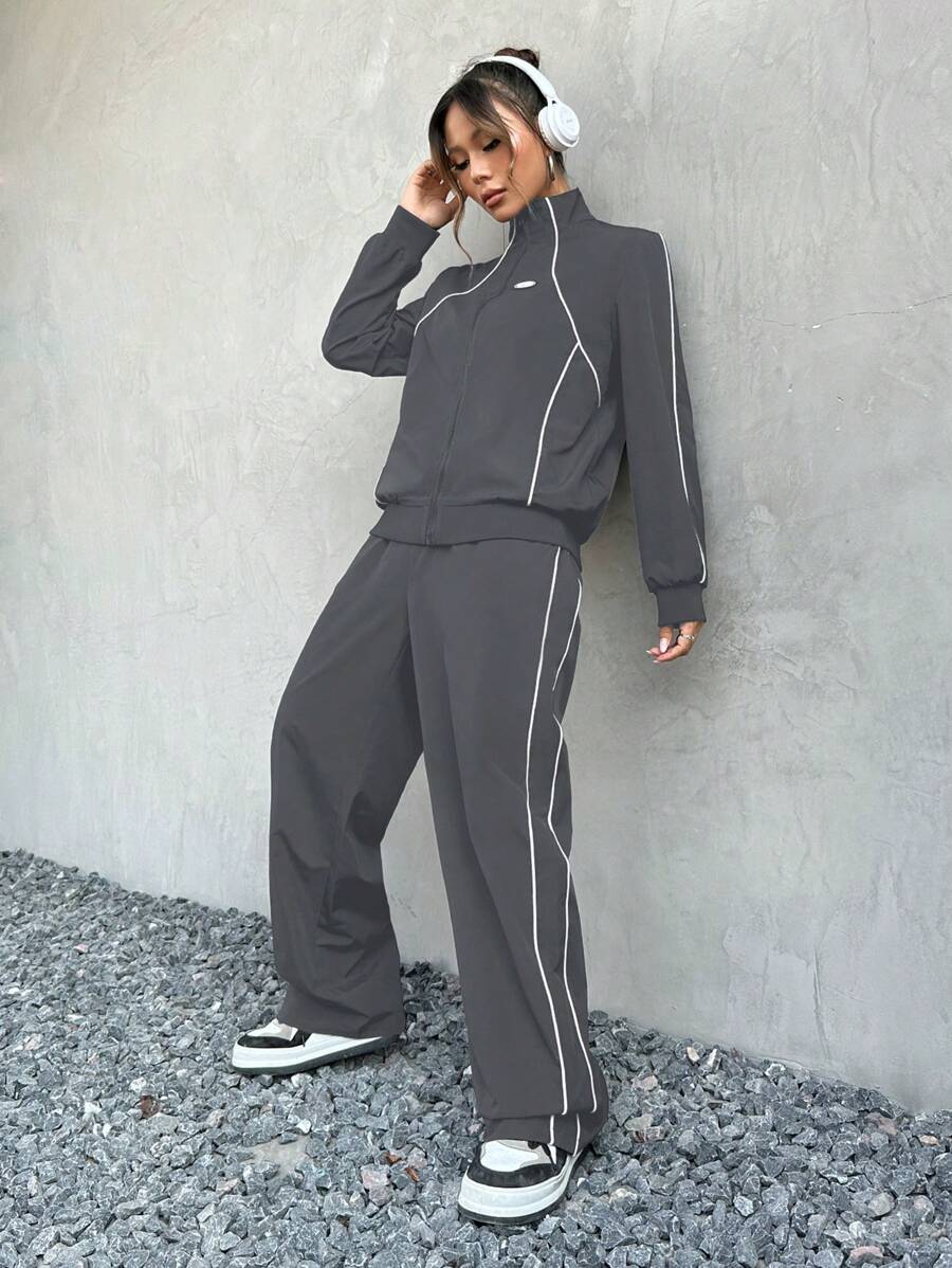 Muchica Casual Sporty Contrast Color Jacket & Pants Set