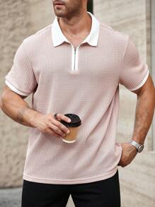 Manfinity Homme Plus Size Men's Contrast Color Half Zip Up Collar Polo Shirt, Summer, Going Out